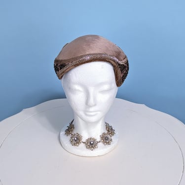 Vintage 1950s Elegant Champagne Beaded Hat, Vintage 50s Asymmetric Cocktail Party Fascinator Hat 