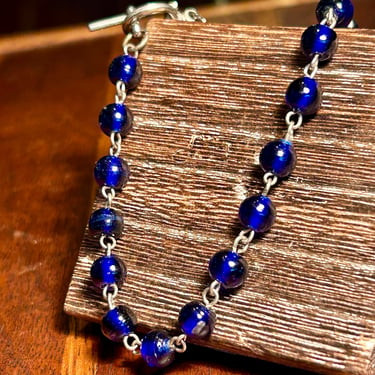 Vintage Cobalt Blue Glass Bead Toggle Bracelet Navy Beaded Bracelet Retro Gift 