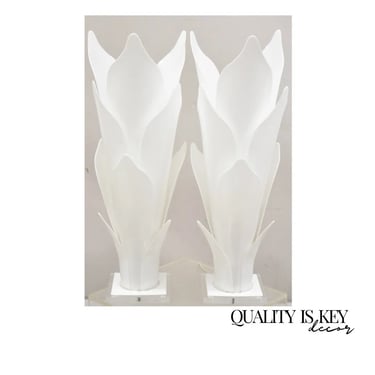 Rougier White Acrylic Lucite Tulip Flower Leaf Mid Century Table Lamps - a Pair