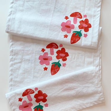 hand block printed table runner. berry mushroom on white. boho decor. linen tablecloth. birthday or dinner party decor. gardening. 
