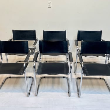 Set of 6 Leather & Chrome Cantilever Armchairs, Bauhaus Style Made in Italy, Style of Matteo Grassi, Marcel Breuer 