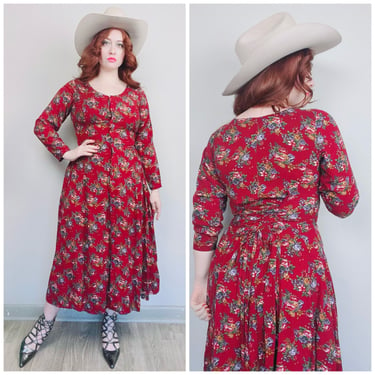 1990s Vintage Maroon Floral Rayon Button Up Dress / 90s Grunge Lace Up Corset Back Midi Dress / Size Medium 