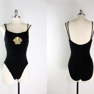 70s Black One Piece Swimsuit / Built in Bra Swim / Vintage Gold Seashell Black Swimsuit /Bombshell Swimsuit/ Hollywood Glamour/ Size XS/S/M 
