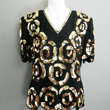 1980s Black and Gold Sequin Top by Stenay- Rose Pattern- Size Medium 