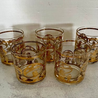 Set 5 MCM CULVER, Ltd 22k Gold Lowball Whiskey Glasses 