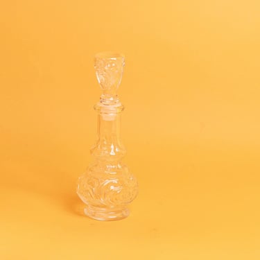 70s Clear Glass Decanter with stopper Vintage Etched Cocktail Barware Decanter 