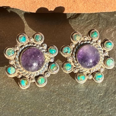 Matl Salas Vintage Mexico Amethyst Center Sterling Flower Post Stud Earrings 