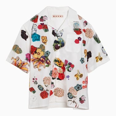 Marni White Bowling Shirt With Flower Print In Cotton Men