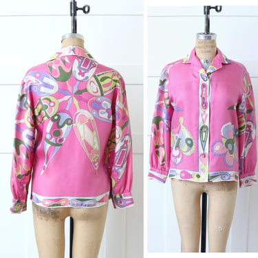 designer vintage 1960s silk PUCCI blouse • abstract pink psychedelic print scarf top 