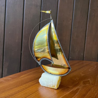 Brass + Agate Saliboat Sculpture Desk Statuette Paperweight Vintage Mid-Century Signed 