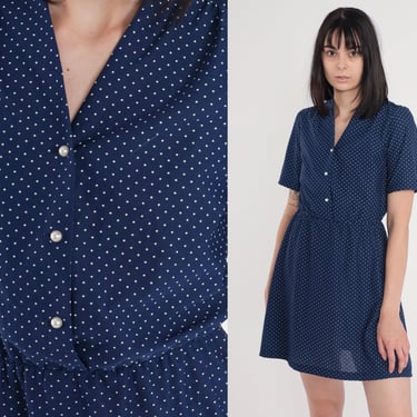 Polka Dot Dress 70s Mini Dress Navy Blue High Waisted Button up Shirtwaist Short Sleeve Retro Day Sun Summer Casual Vintage 1970s Small S 