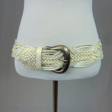 Vintage Wide White Braided Faux Leather Belt - Silvertone Metal Buckle - L 