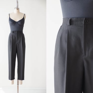 high waisted pants | 80s 90s vintage black dark academia pleated straight leg cropped ankle trousers 