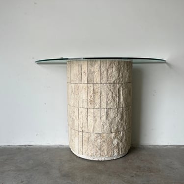Postmodern Ivory Tessellated Stone Demilune Console Table 