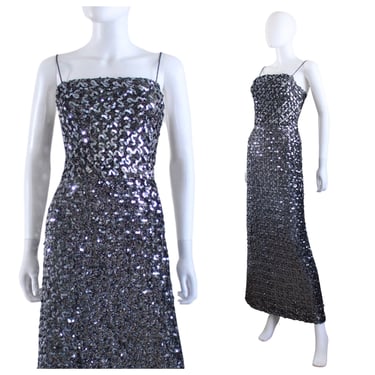 1970s Gun Metal Silver Sequin Wiggle Maxi Dress - 1970s Sequin Dress - 1970s Silver Dress - Vintage Sequin Wiggle Dress | Size Small 