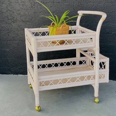 White Wicker Box Rolling Bar Cart