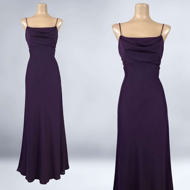 VINTAGE 90s Aubergine Cowl Neck Formal Slip Dress Size 6 | 1990s Retro 1930s Sheer Purple Prom Dress | VFG 