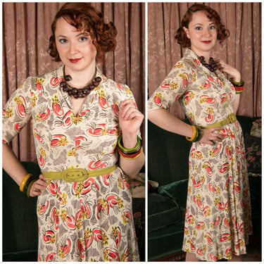 1940s Dress - Fantastic Vintage 40s Novelty Print Day Dress of Rayon Jersey Featuring Coral Wide Brim Hats 