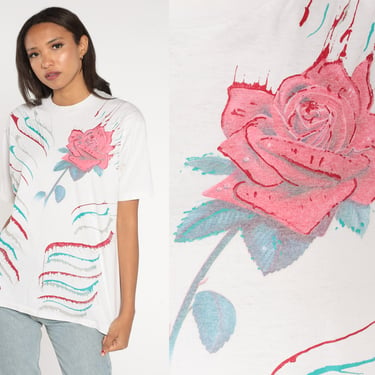 Flower T-Shirt 90s Painted Floral Print Shirt Rose Graphic Tee Retro Gardening TShirt Single Stitch White Vintage 1990s Medium Large 