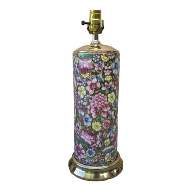 Vintage Cylindrical Pink and Gold Floral Ceramic Chinoiserie Table Lamp