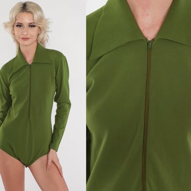 70s Bodysuit Olive Green Zip Up Blouse Oversized Collar Leotard Disco Shirt Collared Hippie Top Retro Bohemian Vintage 1970s Medium M 