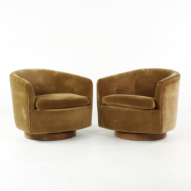 Milo Baughman for Thayer Coggin Mid Century Walnut Swivel Lounge Chairs - Pair - mcm 