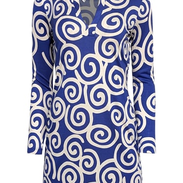 Diane von Furstenberg - Blue & White Swirl Print Long Sleeve Mini Dress Sz S