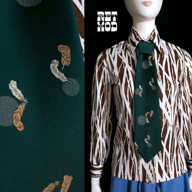 Chic Vintage 70s Dark Green Feather Patterned Neck Tie 