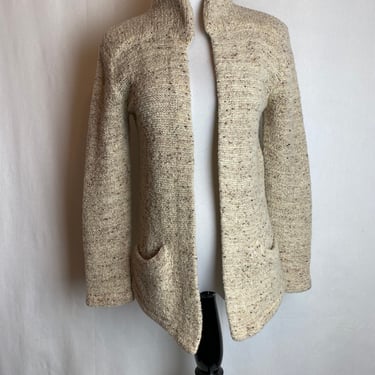 1980’s boho hippie wooly sweater natural woolen color beige nubby long hip length with 2 pockets comfy warm size SM 