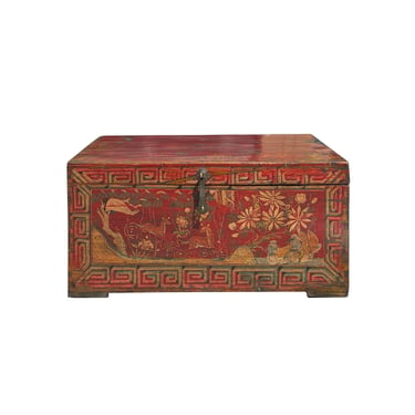 Chinese Vintage Distressed Red Floral Deers Theme Trunk Box Chest cs7308E 