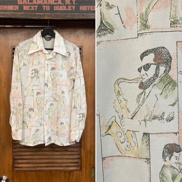 Vintage 1970’s Cartoon Musician Pop Art Disco Polyester Shirt, 70’s Button Down, Vintage Clothing 