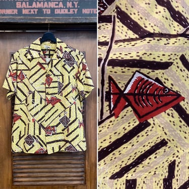 Vintage 1950’s Modernist Atomic Fish Design Cotton Rockabilly Hawaiian Shirt, 50’s Loop Collar Shirt, Vintage Clothing 