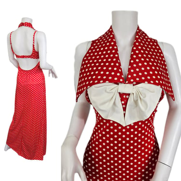 Volup 1970's Red White Polka Dot Large Lapel Halter Back Maxi Dress I Sz Med -Lrg I Beachwear 