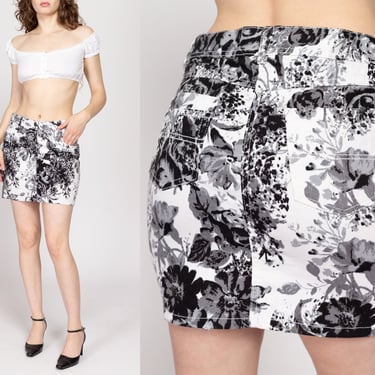 Medium Y2K Black & White Floral Denim Mini Skirt | Vintage Low Waist Stretchy Jean Skirt 