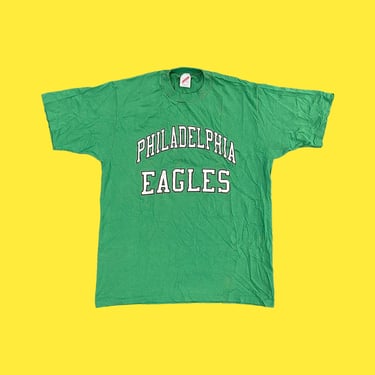 Vintage Philadelphia Eagles T-Shirt Retro 1980s Size XL + Kelly Green + Jerzees + Cotton + Polyester + Pullover + Crewneck + Footaball Tee 