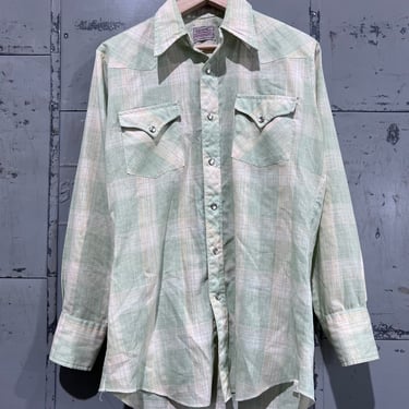 1970’s H Bar C Green and yellow  Plaid Print Western Long Tail Pearl Snap Shirt 