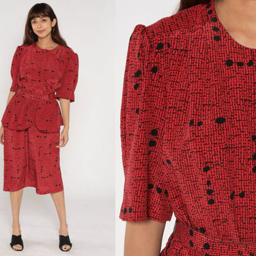 80s Peplum Dress 80s Red Speckled Dot Print Puff Sleeve Dress Secretary Pencil Wiggle Dress Midi 1980s Fitted High Waist Bohemian Large L 12 