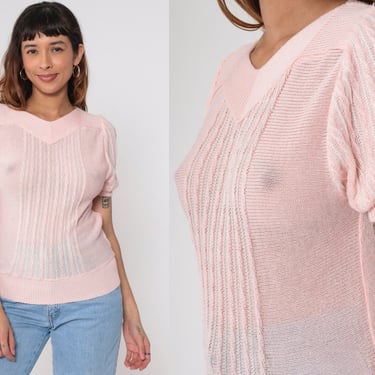 Baby Pink Knit Shirt 80s Puff Sleeve Sweater Top Retro Textured Stripe Semi-Sheer Basic Pastel Girly Vintage 1980s Extra Small xs 