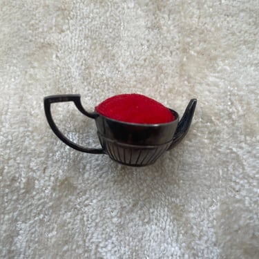 Vintage Bailey Banks & Biddle sterling silver teapot pincushion with red velvet cushion 