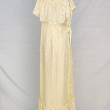 Vintage 70s 80s Yellow Jacquard Ruffled Top Maxi Dress // Floor Length Off-The-Shoulder 