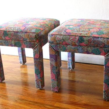 Mid Century Modern Pair of Parsons Upholstered Ottomans