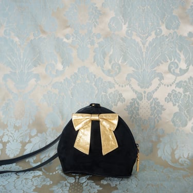 Vintage 80s Albert Nipon Black Suede Crossbody Purse with Metallic Gold Leather Bow Detail 