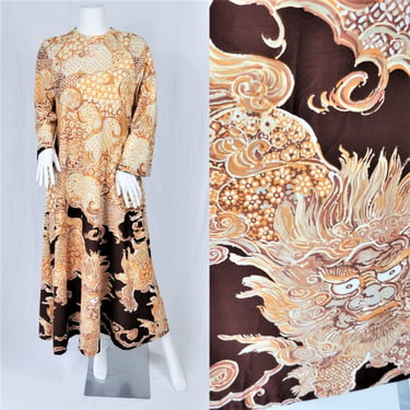 Bell Sleeve 1970's Psychedelic Lucky Foo Dog Print Poly Caftan Dress I Sz Med I David Brown of California 