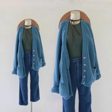 chunky slouch cable cardigan - vintage 90s y2k blue soft acrylic womens long sleeve button sweater 