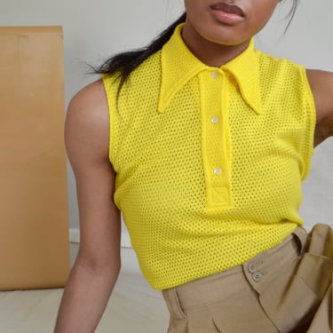 lemon yellow 70s perforated knit sleeveless collared pullover top 