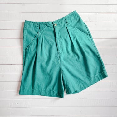 high waisted shorts | 80s 90s vintage forest kelly green cotton linen style pleated trouser shorts 