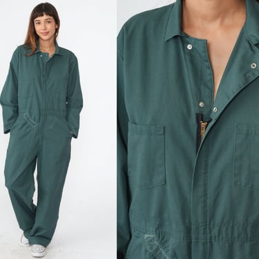 Green Boiler Suit 80s Coveralls Long sleeve Jumpsuit Workwear Utility Mechanic Uniform Boilersuit Work Wear Vintage 1980s Men's 42 R Large 