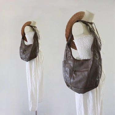 vegan hobo leather bag - vintage 80s 90s walnut brown womens shoulder purse handbag 