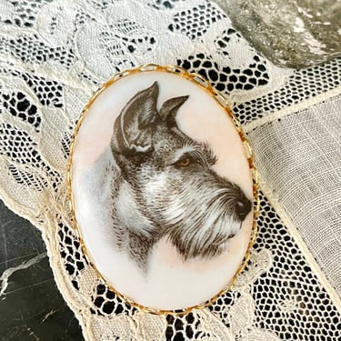 Hand Painted Porcelain Brooch, Schnauzer Terrier Dog, Ceramic Pin, Fur Baby, Vintage Jewelry 