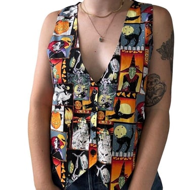 Vintage 1990s Halloween Holiday Pumpkin Fall Spooky Witch Vest Waistcoat Sz L 